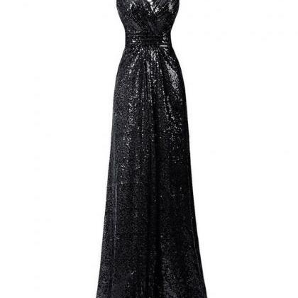 Black V-neck Sequin Long Prom Dresses A Line..