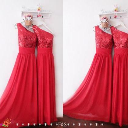 Red One-shoulder Sequin Corset Long Bridesmaid..