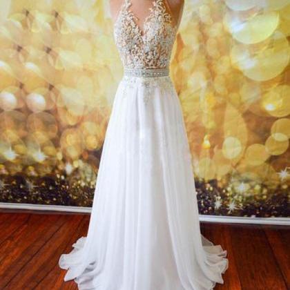 Sexy Back Open Sheer Scoop Neck White Chiffon Prom..