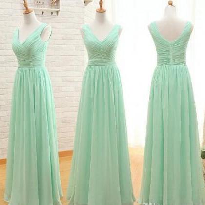 Mint Green Chiffon Ruffle Long Bridesmaid Dresses..