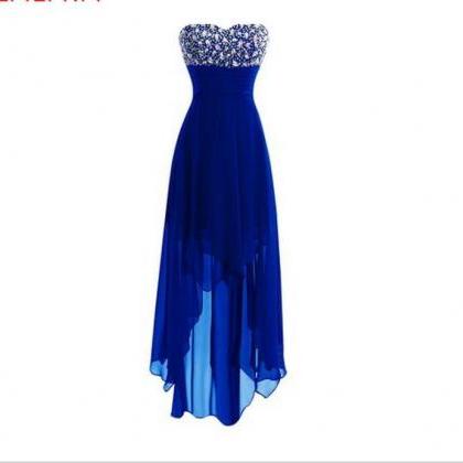 A Line Crystal Beaded Royal Blue High Low Prom..