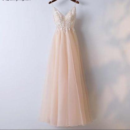Vintage Champagne Tulle Long Prom Dresses With..