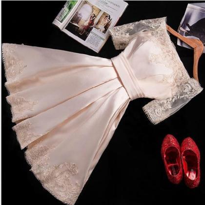 Vintage A Line White Satin Lace Prom Dress Short..
