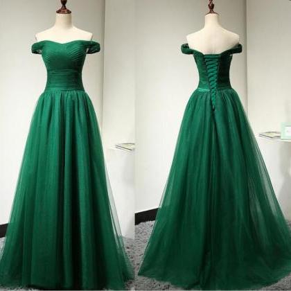 Off Shoulder Green Tulle Ruffle Long Prom Dresses..