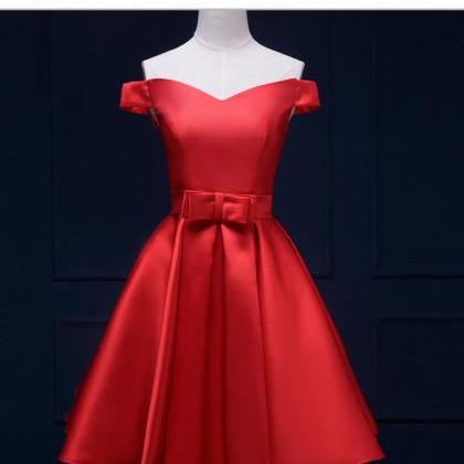 Off Shoulder Red Satin Bow Homecoming Dress Short..
