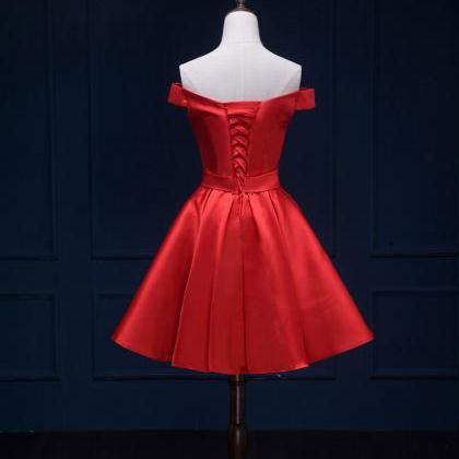 Off Shoulder Red Satin Bow Homecoming Dress Short..