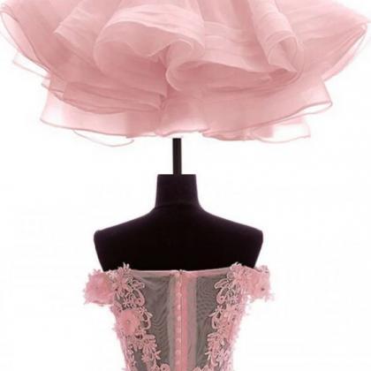 Off Shoulder Light Pink Lace Prom Dresses Short..