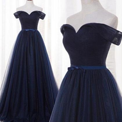 Sexy A Line Navy Blue Tulle Long Prom Dress Floor..