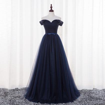 Sexy A Line Navy Blue Tulle Long Prom Dress Floor..