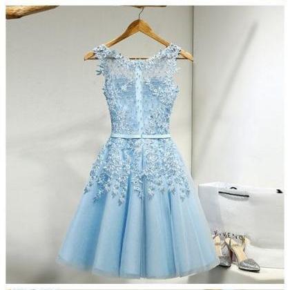 Sky Blue O-neck Lace Prom Dress Short Lace Beaded..