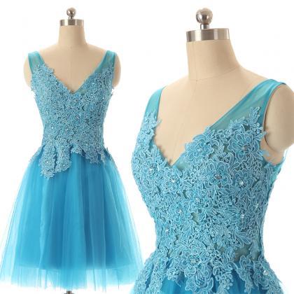 Blue Lace Appliqued Beaded Lace Prom Dress Short,..