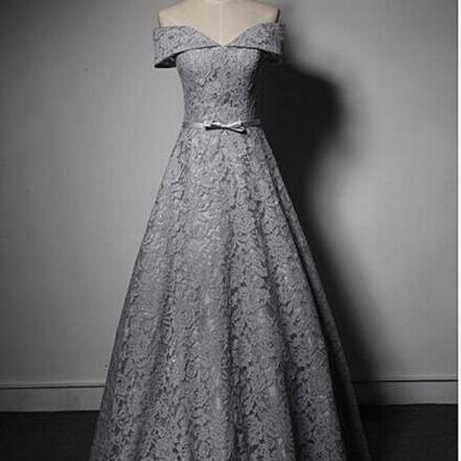 Gray Lace Long Prom dress, Off Shou..