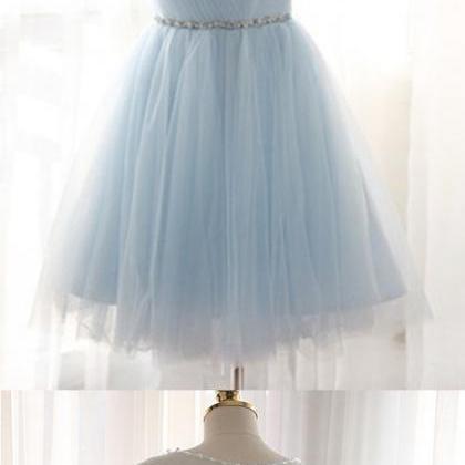 Light Blue Beaded Tulle Short Prom Dress O-neck..
