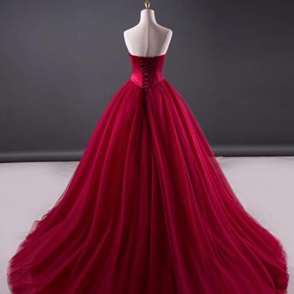 Fashion Burgundy Tulle Long Prom Dress A Line..