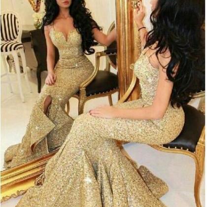 Shiny Gold Sequin Long Prom Dress Mermaid Of..