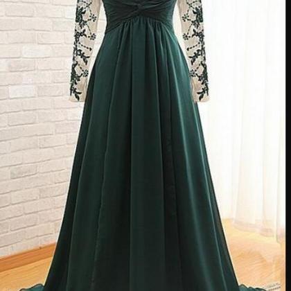 Long Lace Sleeve A ;ine Prom Dress Dark Green..