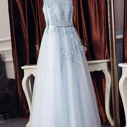 Floor Length Sky Blue Lace Prom Dress Long A Line..