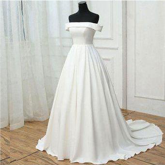 White Satin A Line Long Prom Dress Off Shoulder..