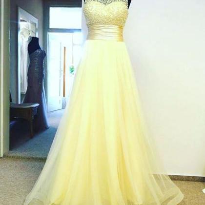 Yellow Beaded Scoop Long Prom Dress A Line Women..