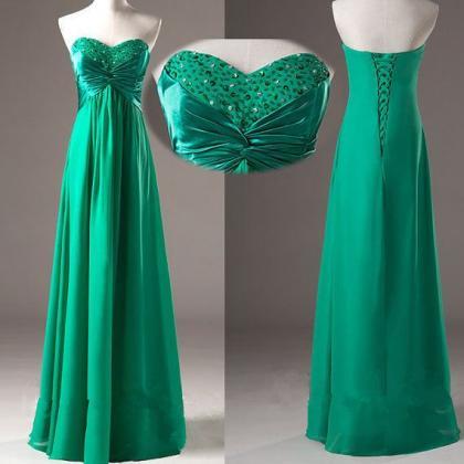 A Line Green Chiffon Beaded Long Bridesmaid Dress..