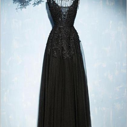 Black Lace Beaded Long Prom Dress Sexy Back Open..
