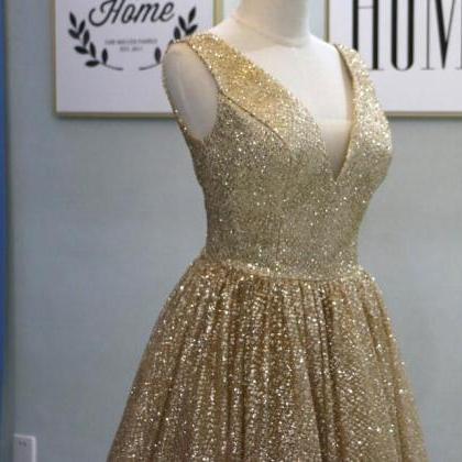 Shiny Champagne Gold Sequin Long Prom Dress A Line..