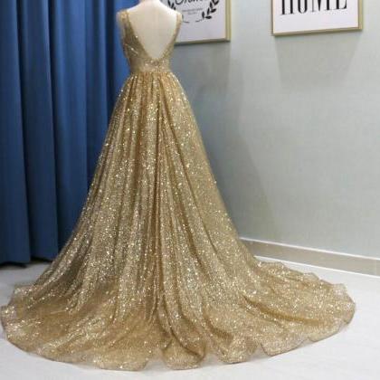 Shiny Champagne Gold Sequin Long Prom Dress A Line..