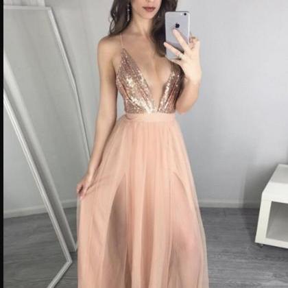 Deep V-neck Blush Pink Sequin Formal Prom Dress A..