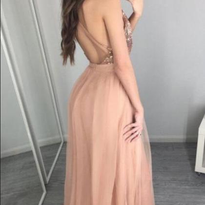 Deep V-neck Blush Pink Sequin Formal Prom Dress A..