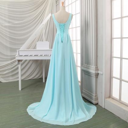 Light Blue Chiffon Beaded A Line Long Prom Dress..