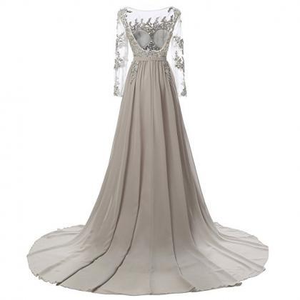 Sexy Backless Long Sleeve Lace Evening Dress Gray..