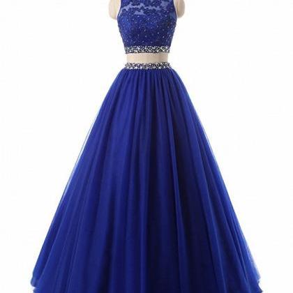 Stunning Royal Blue Two Pieces Lace Prom Dress A..