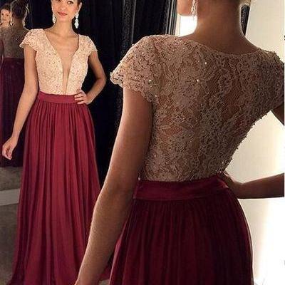 Women Top Lace Beaded Deep V-neck Sheer Long Prom..