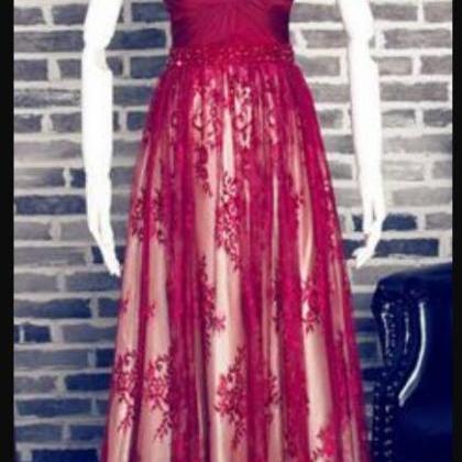 Spaghetti Strap Red Lace Long Prom Dress A Line..