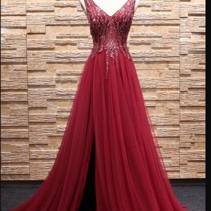 Sexy V-neck Prom Dress, Beaded Prom Gowns , Off..