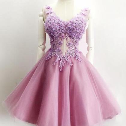 Fashion Purple Lace Short Homecoming Dress A Line..