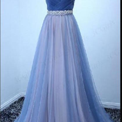 Blue Tulle Pleated Off Shoulder Long Prom..