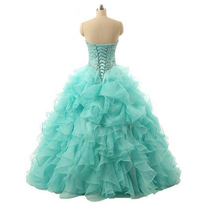 Elegant Green Beaded Organza Ball Gown Quinceanera..