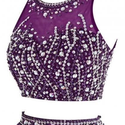 Two Pieces Crystal Beaded Purple Tulle Homecoming..