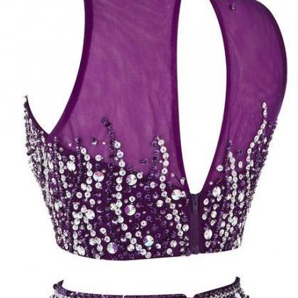 Two Pieces Crystal Beaded Purple Tulle Homecoming..