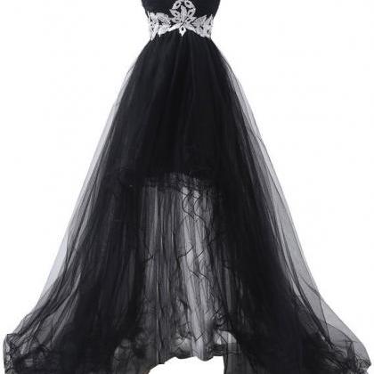 Black Tulle High Low Prom Dress With White Lace,..