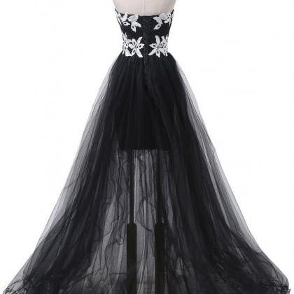 Black Tulle High Low Prom Dress With White Lace,..