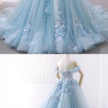 Light Blue Tulle Ball Gown Wedding Dress 2019 With..