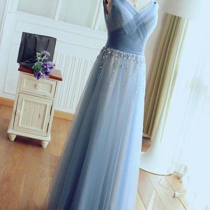 Sexy V-neck Tulle Prom Dress, Light Blue Long Prom..