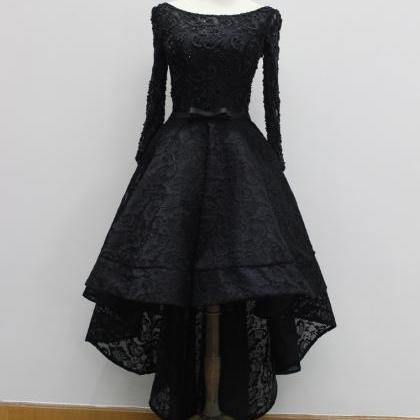 Vintage Black Lace High Low Prom Dresses A Line..