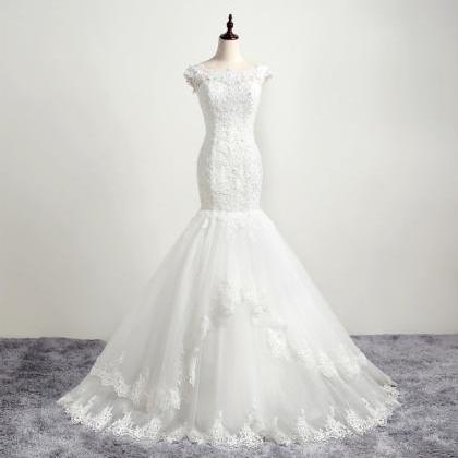 Ivory Lace Mermaid Wedding Dress Sheer Scoop Neck..