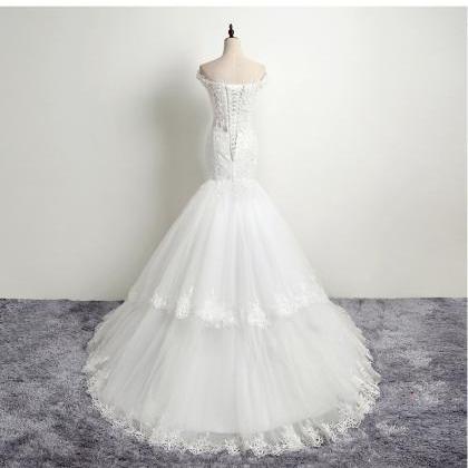 Ivory Lace Mermaid Wedding Dress Sheer Scoop Neck..