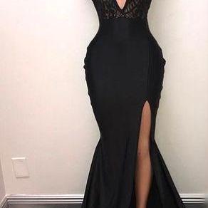 Sexy Black Deep V-neck Long Prom Dress, Black..