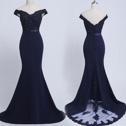Navy Blue Off The Shoulder Mermaid Prom Dress With..