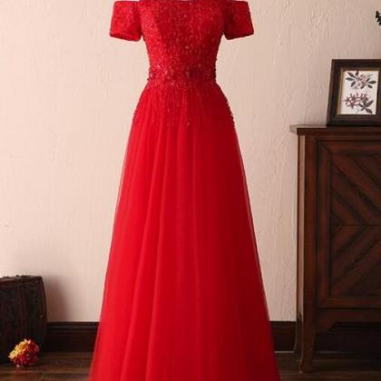 Off The Shoulder Red Lace Tulle Long Prom Dress A..